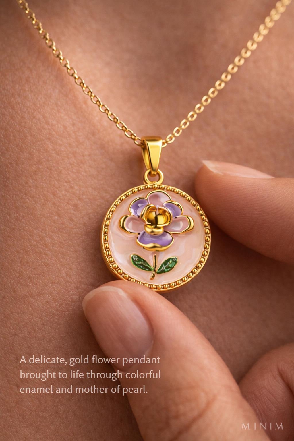 Peach Floral Enamel Pendant Necklace